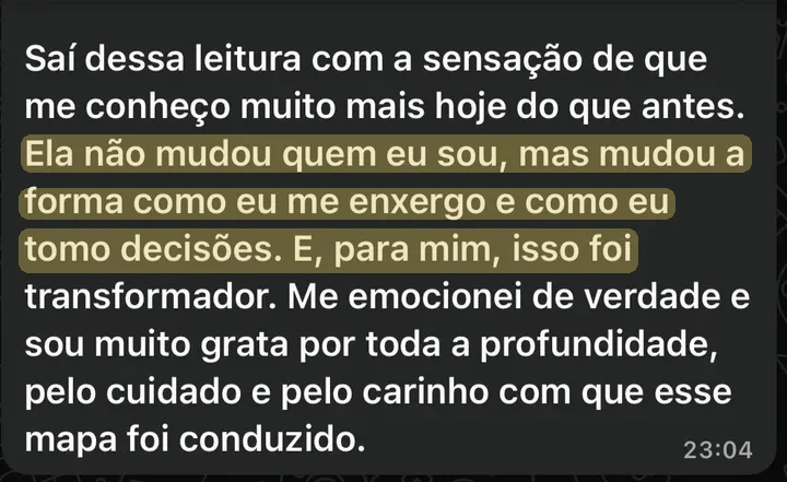 Print do WhatsApp de Alana: saí dessa leitura com a sensação de que me conheço muito mais hoje do que antes. Mudou a forma como eu me enxergo e como eu tomo decisões.