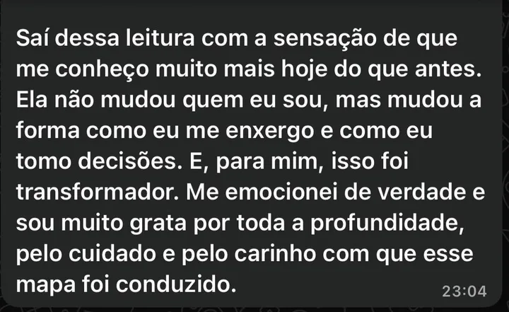 Print do WhatsApp de Alana: saí dessa leitura com a sensação de que me conheço muito mais hoje do que antes. Ela não mudou quem eu sou, mas mudou a forma como eu me enxergo e como eu tomo decisões. E, para mim, isso foi transformador.