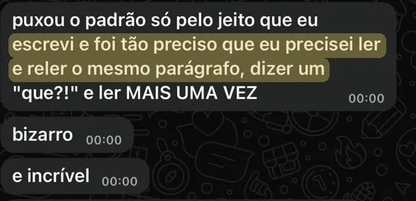 Print do WhatsApp de Geovana: acabei agora, que loucura, pegou a minha pergunta e saiu quebrando ela inteira, respondendo coisa que eu nem perguntei