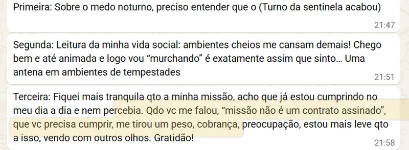 Print do WhatsApp de Sandra: sobre o medo noturno, ambientes cheios que cansam, e a missão. Quando você me falou que missão não é um contrato assinado, me tirou um peso, cobrança, preocupação, estou mais leve