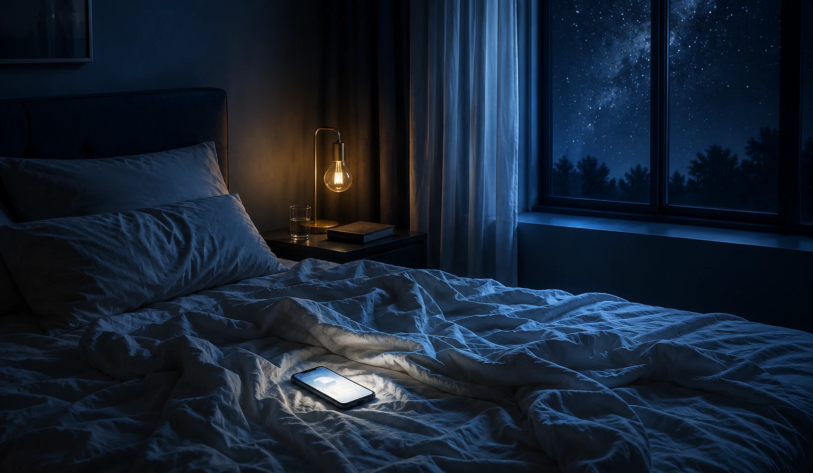 Quarto escuro de madrugada, cama vazia e o celular aceso como única luz