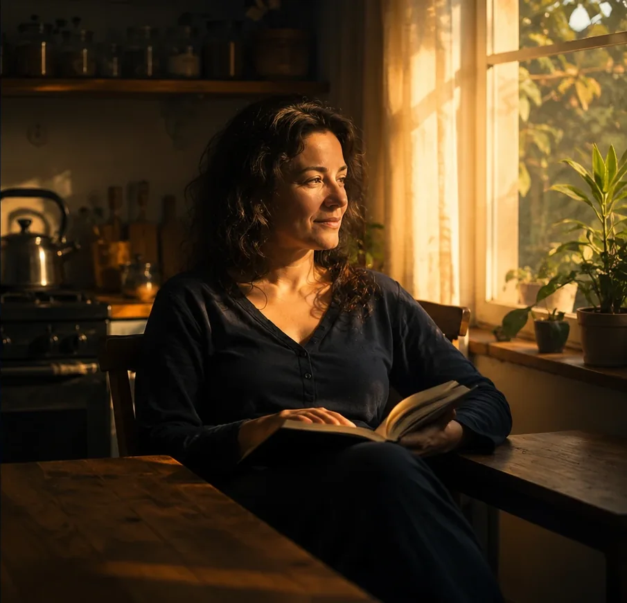 A mesma mulher de manhã, com o livro no colo, em paz