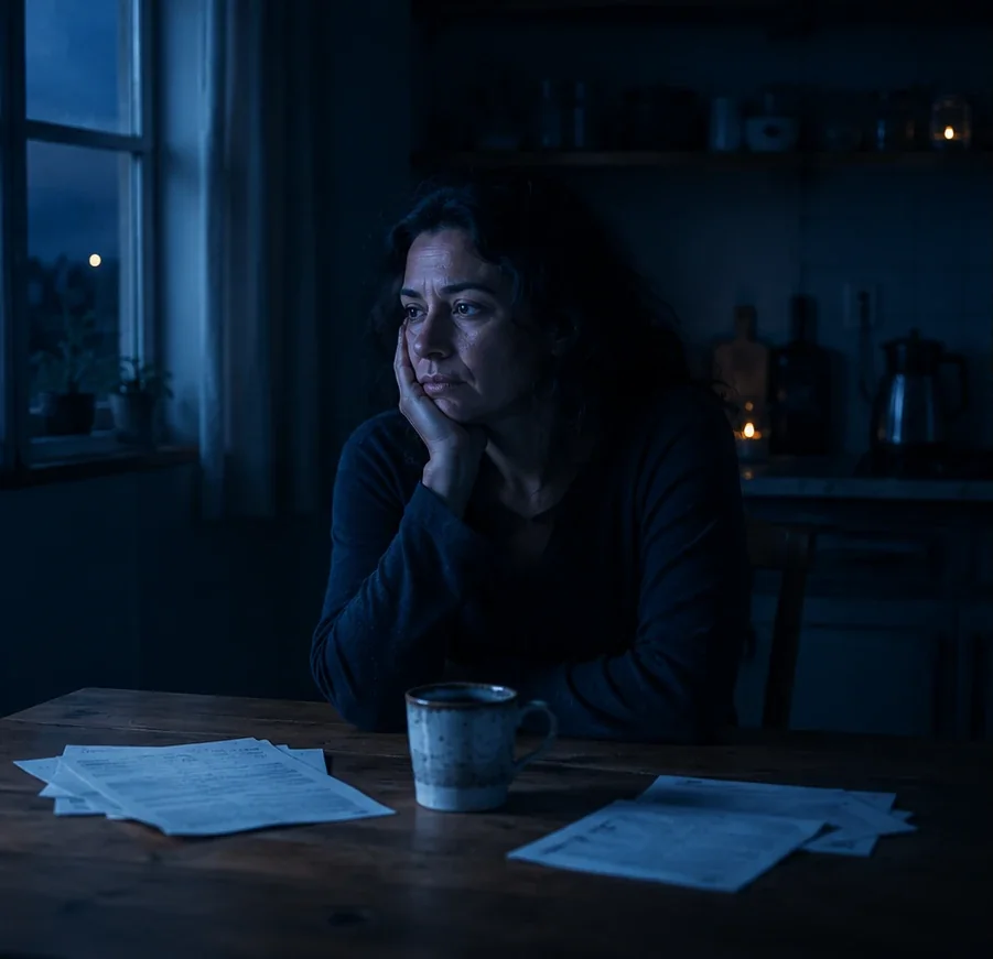 A mesma mulher de madrugada, cansada, com papéis espalhados