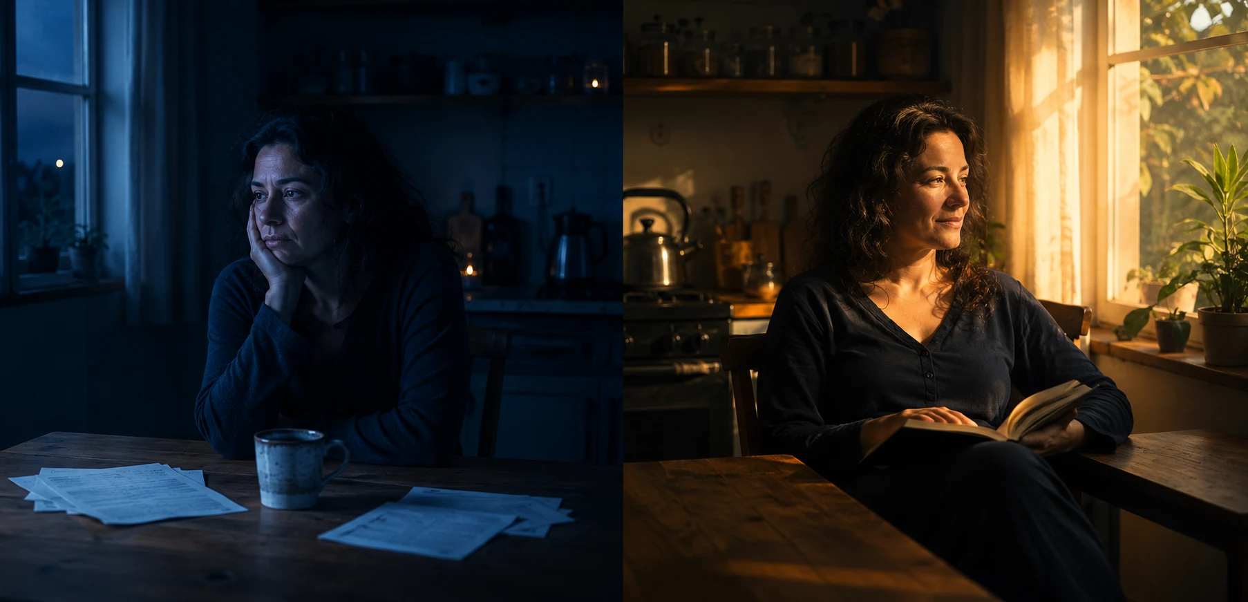 A mesma mulher em dois momentos: à esquerda de madrugada, cansada, com papéis espalhados. À direita de manhã, com o livro no colo, em paz.