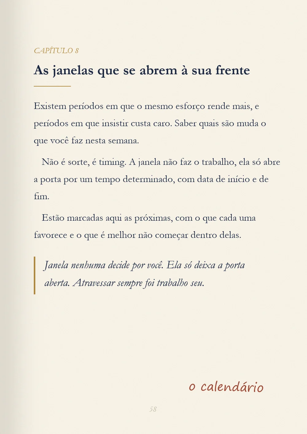 Capítulo 8, As janelas que se abrem à sua frente, com o aparte escrito à mão: o calendário