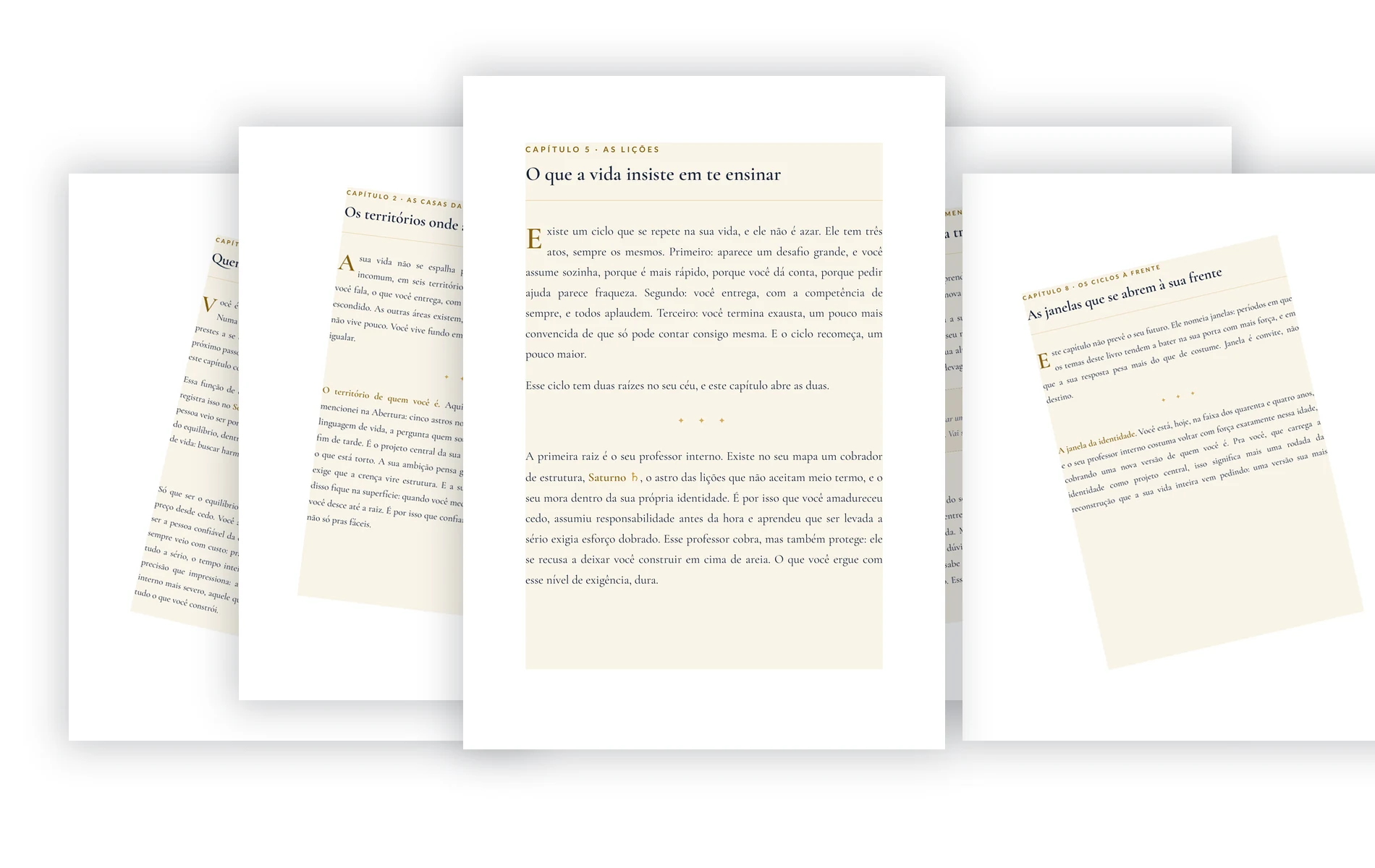 Cinco páginas reais do livro abertas em leque, com as aberturas de capítulo