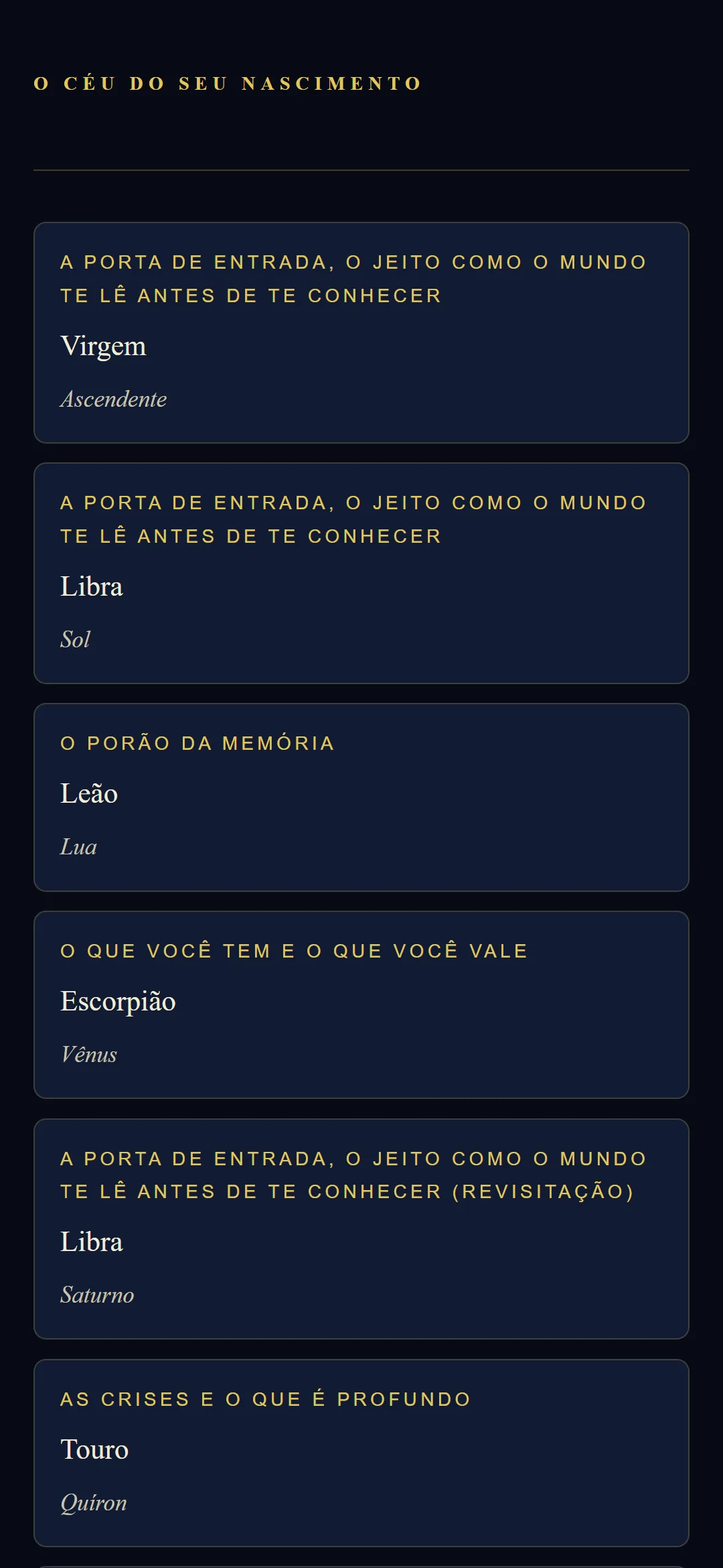 A tabela do ceu do nascimento, com os territorios da vida escritos em portugues simples